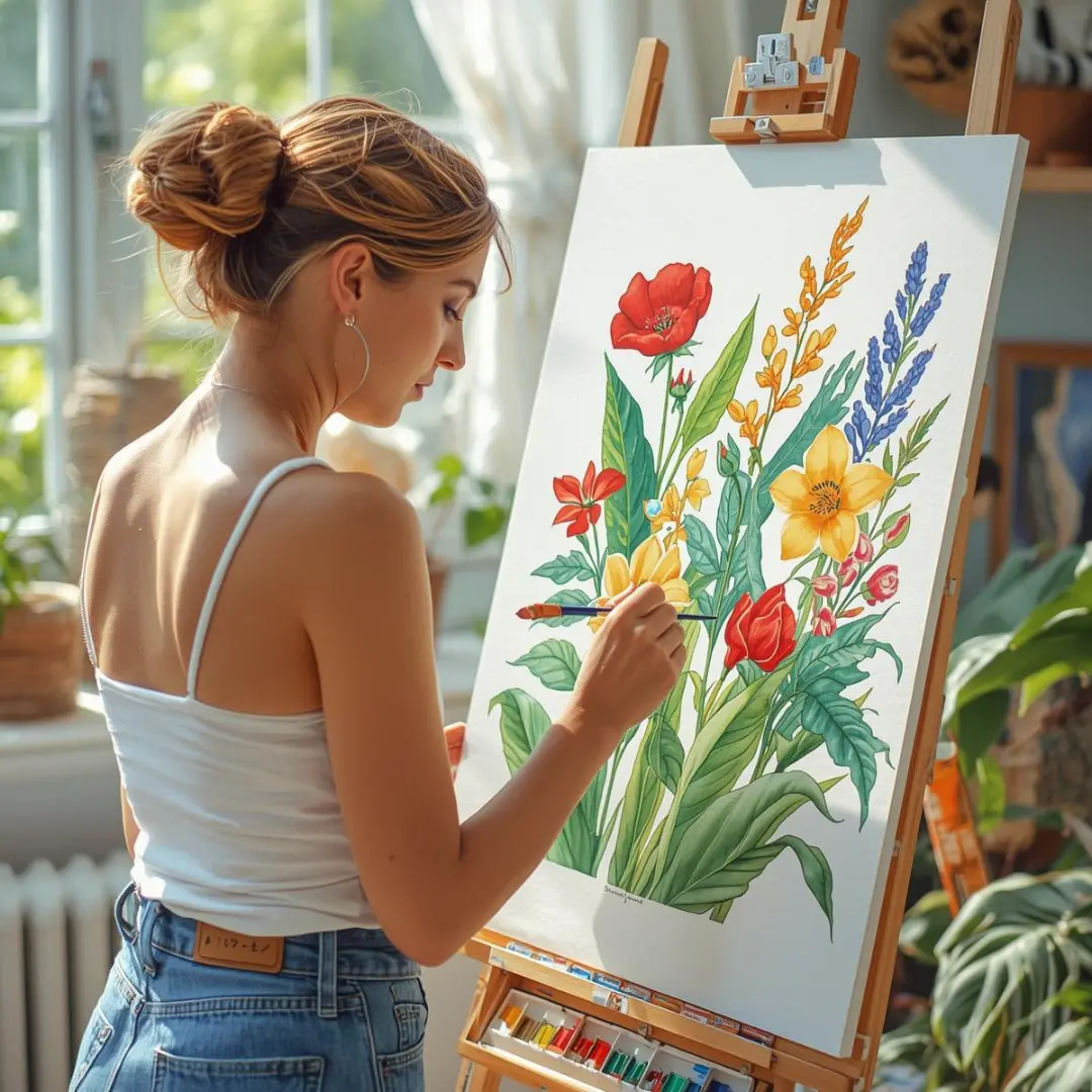 Woman painting watercolor botanical art in a sunny home studio